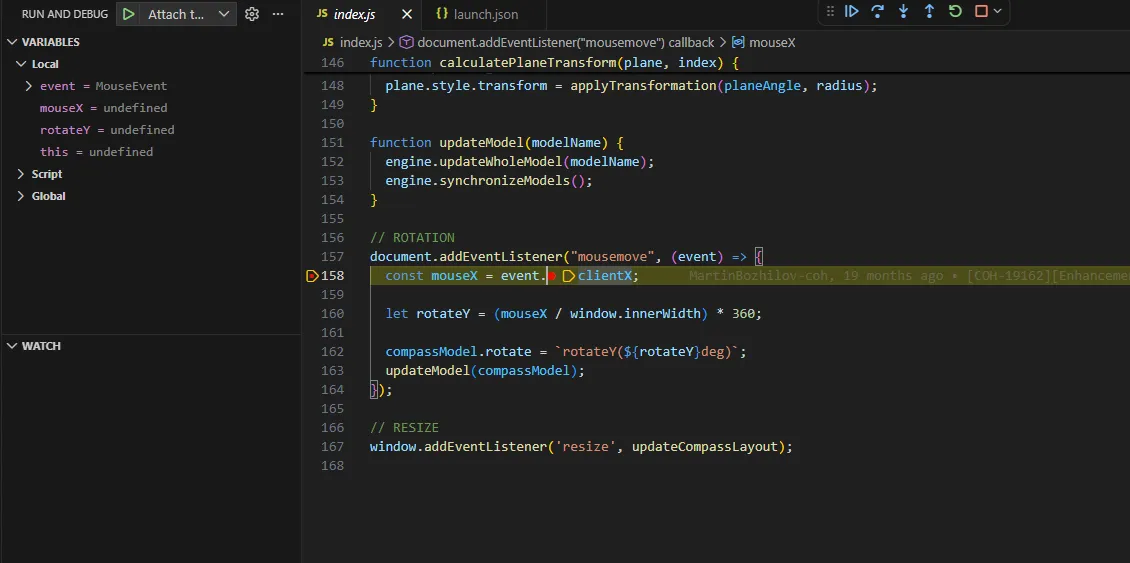 VS Code debugger paused at a breakpoint in a Gameface UI script, showing call stack and local variables
