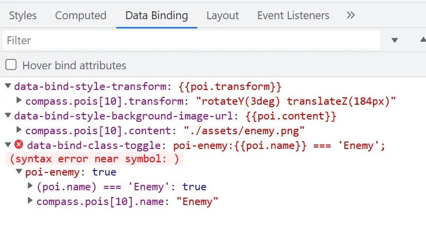 Data Binding tab showing a selected element with three bound attributes, one with a syntax error
