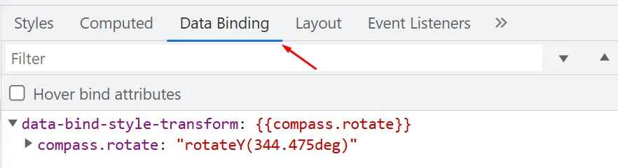 Data Binding tab for a different element with a clean binding showing compass.rotate resolved to "rotateY(344.475deg)"