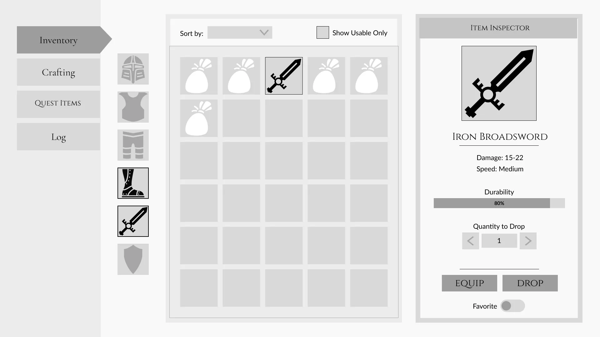 RPG Inventory Wireframe