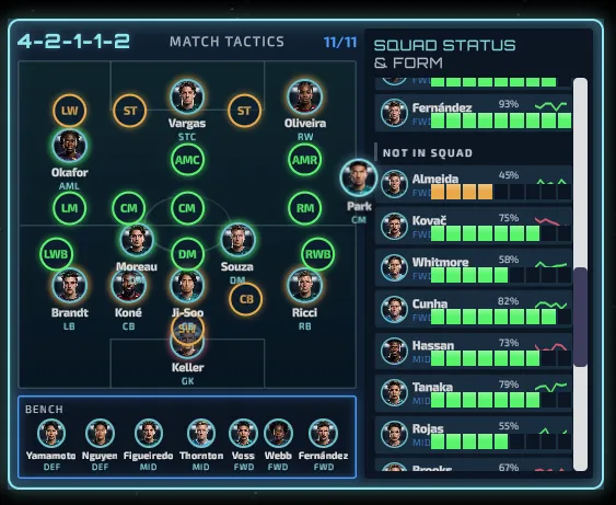 The Match Tactics tile rendered in the Gameface Player, showing a player being dragged over the pitch