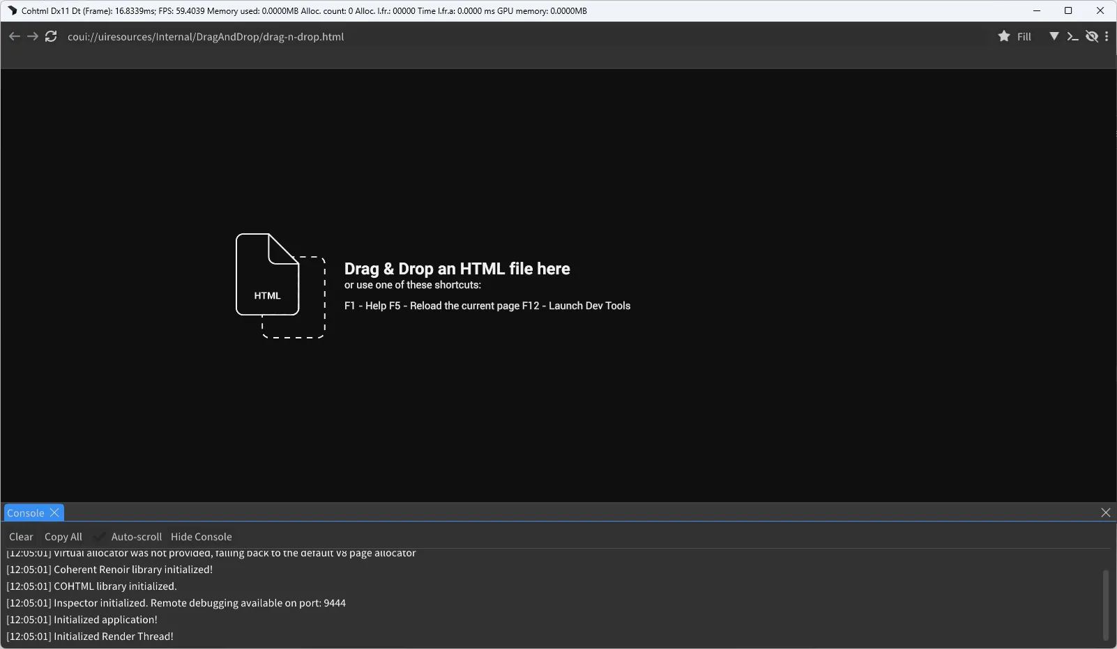 The Gameface Player window, showing the stats strip in the title bar, the toolbar with its address bar, and the console panel docked at the bottom