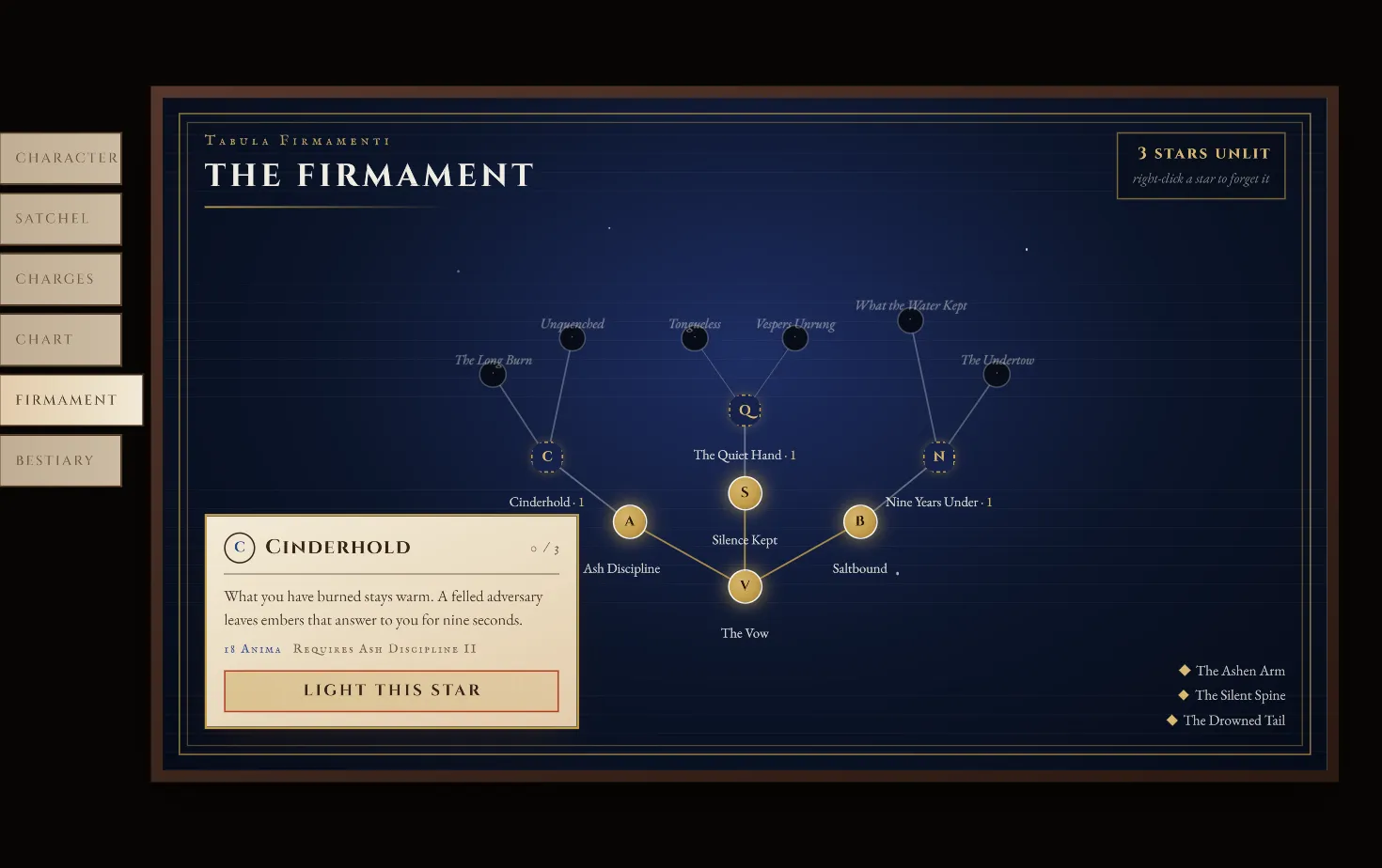 The skill tree screen, a constellation of skill nodes on a night-sky plate with a detail panel for the selected star