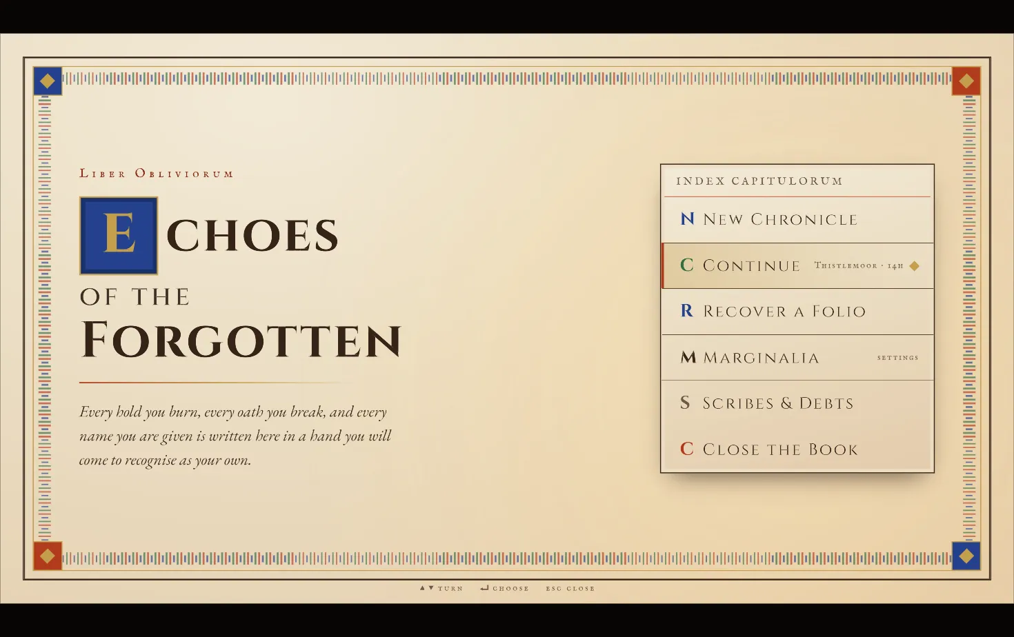 The title screen, an illuminated manuscript frontispiece with a gold drop cap, vine bands, and a menu plate